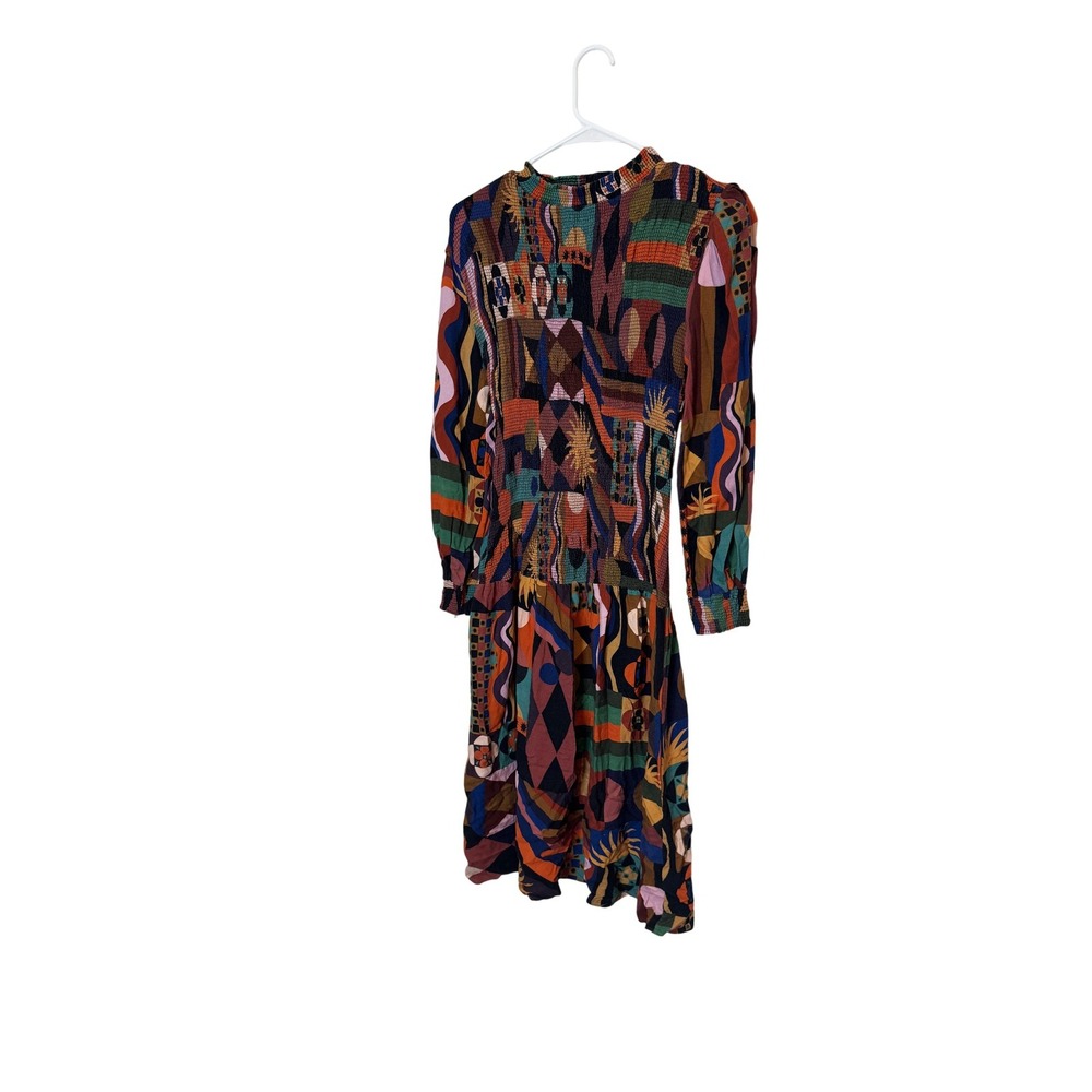 Farm Rio Dress Womens Medium Multicolor Long Sleeve Midi Smocked Boho Patchwork